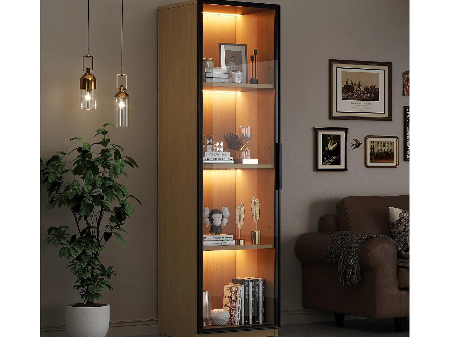 Vitrine mit Glastür 40x40x165 cm - LED-Beleuchtung - 1 Tür aus Sicherheitsglas - Eichenfurnier - MDF - Natur