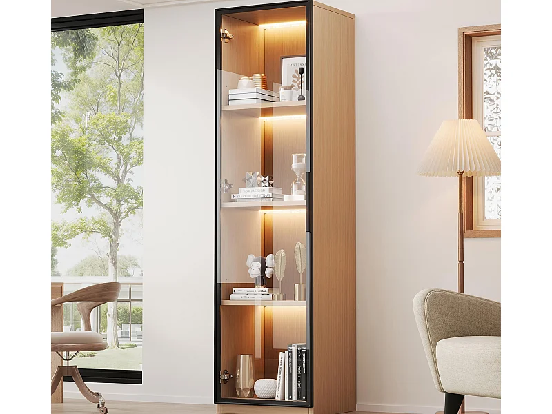 Vitrine mit Glastür 40x40x165 cm - LED-Beleuchtung - 1 Tür aus Sicherheitsglas - Eichenfurnier - MDF - Natur