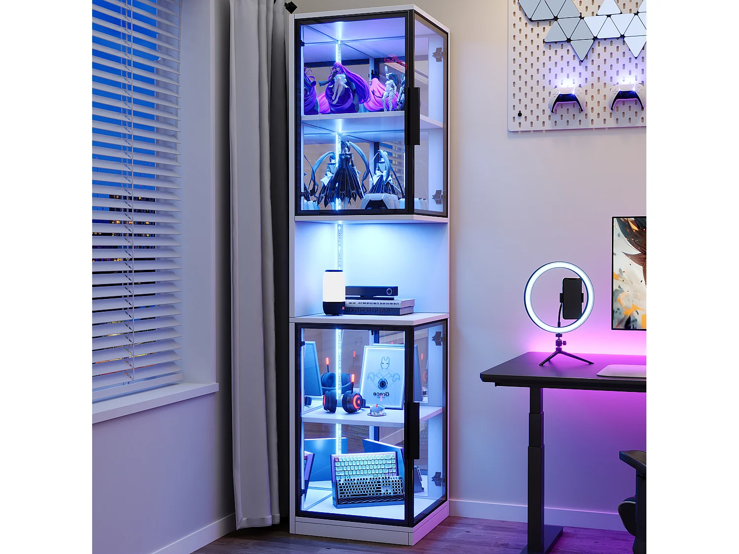 Vitrine 205 cm hoch - LED-Beleuchtung - 4 Glastüren - Spiegelrückwand - Offener Stauraum - Spanplatten - Weiß