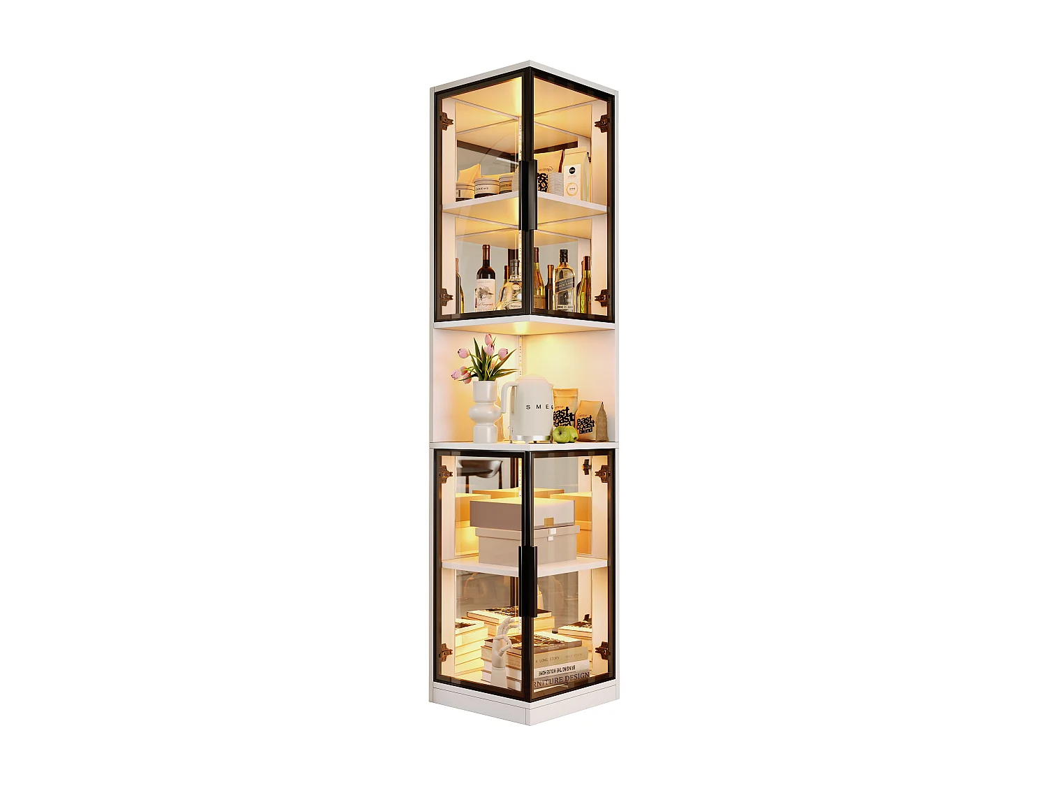 Vitrine 205 cm hoch - LED-Beleuchtung - 4 Glastüren - Spiegelrückwand - Offener Stauraum - Spanplatten - Weiß