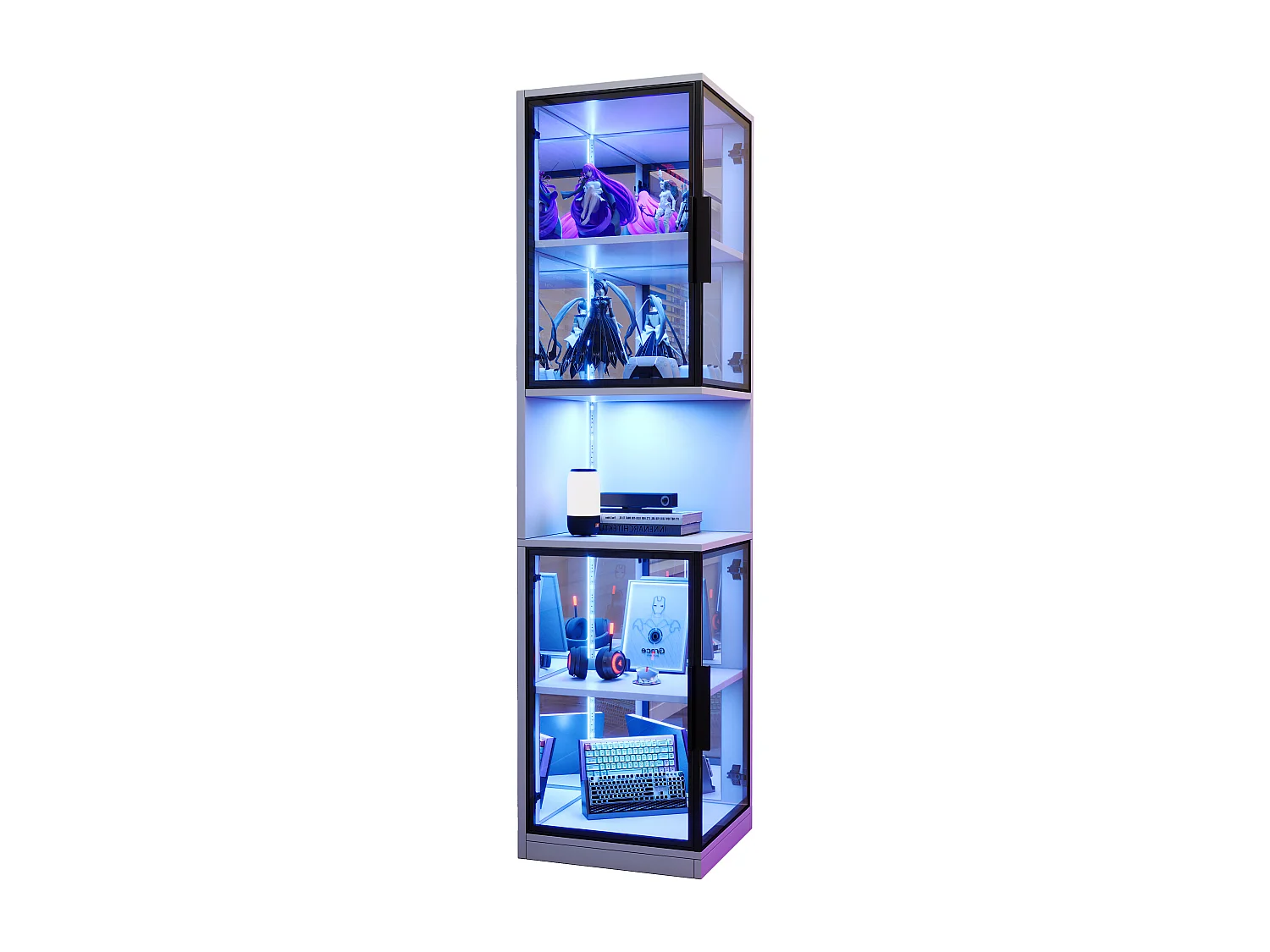Vitrine 205 cm hoch - LED-Beleuchtung - 4 Glastüren - Spiegelrückwand - Offener Stauraum - Spanplatten - Weiß