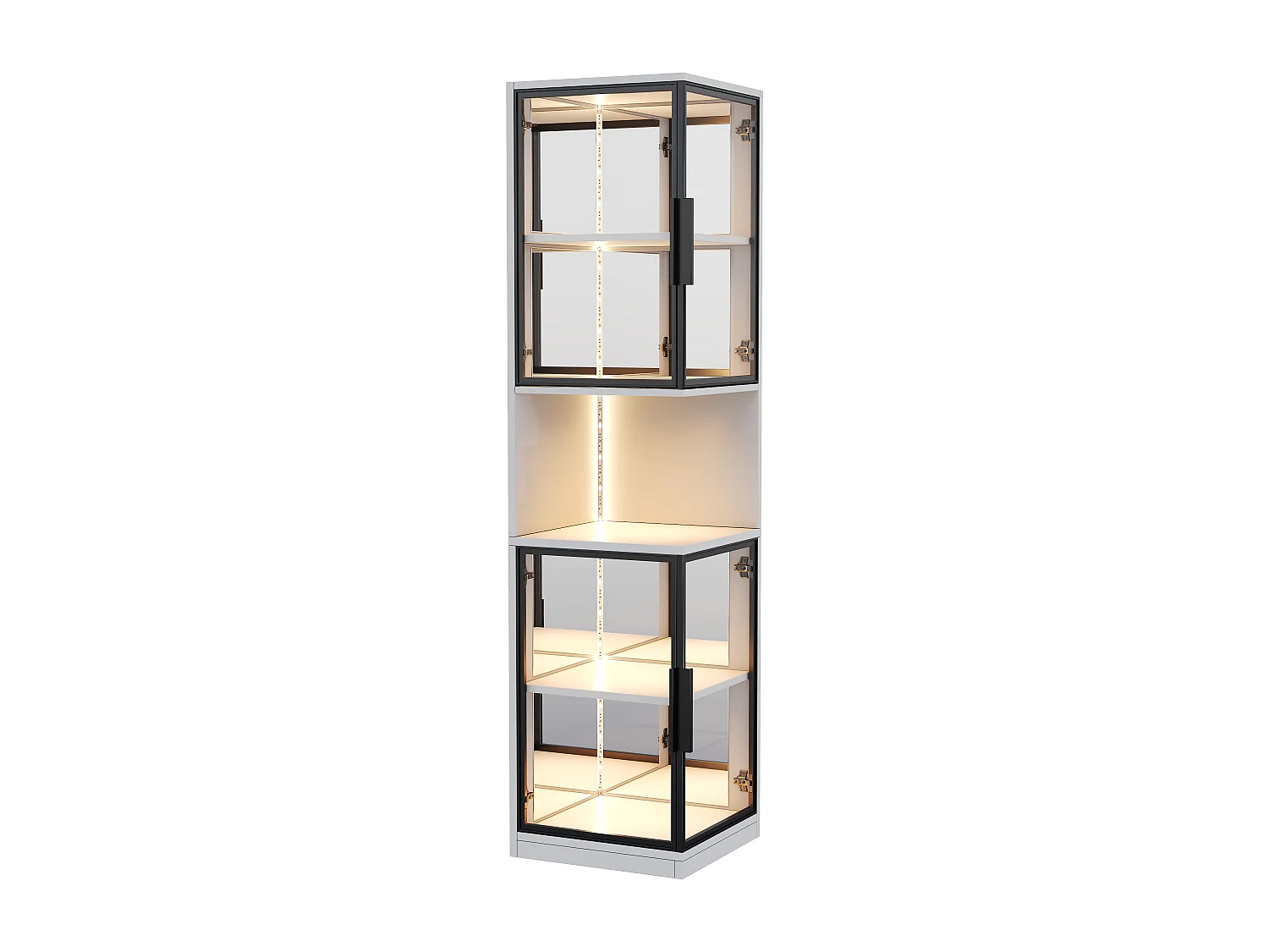 Vitrine 205 cm hoch - LED-Beleuchtung - 4 Glastüren - Spiegelrückwand - Offener Stauraum - Spanplatten - Weiß