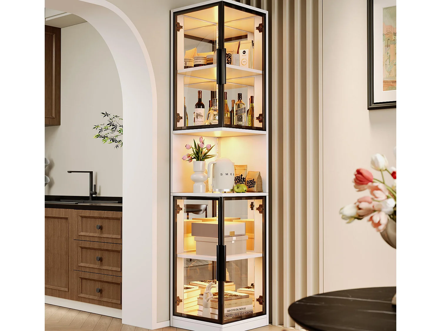 Vitrine 205 cm de hauteur - Éclairage LED - 4 portes vitrées - Fond miroir - Rangement ouvert - Panneaux de particules - Blanc