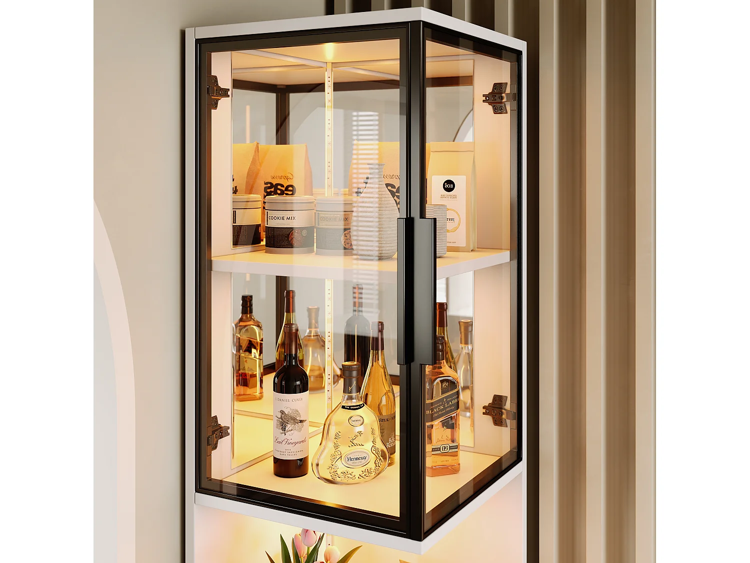 Vitrine 205 cm de hauteur - Éclairage LED - 4 portes vitrées - Fond miroir - Rangement ouvert - Panneaux de particules - Blanc