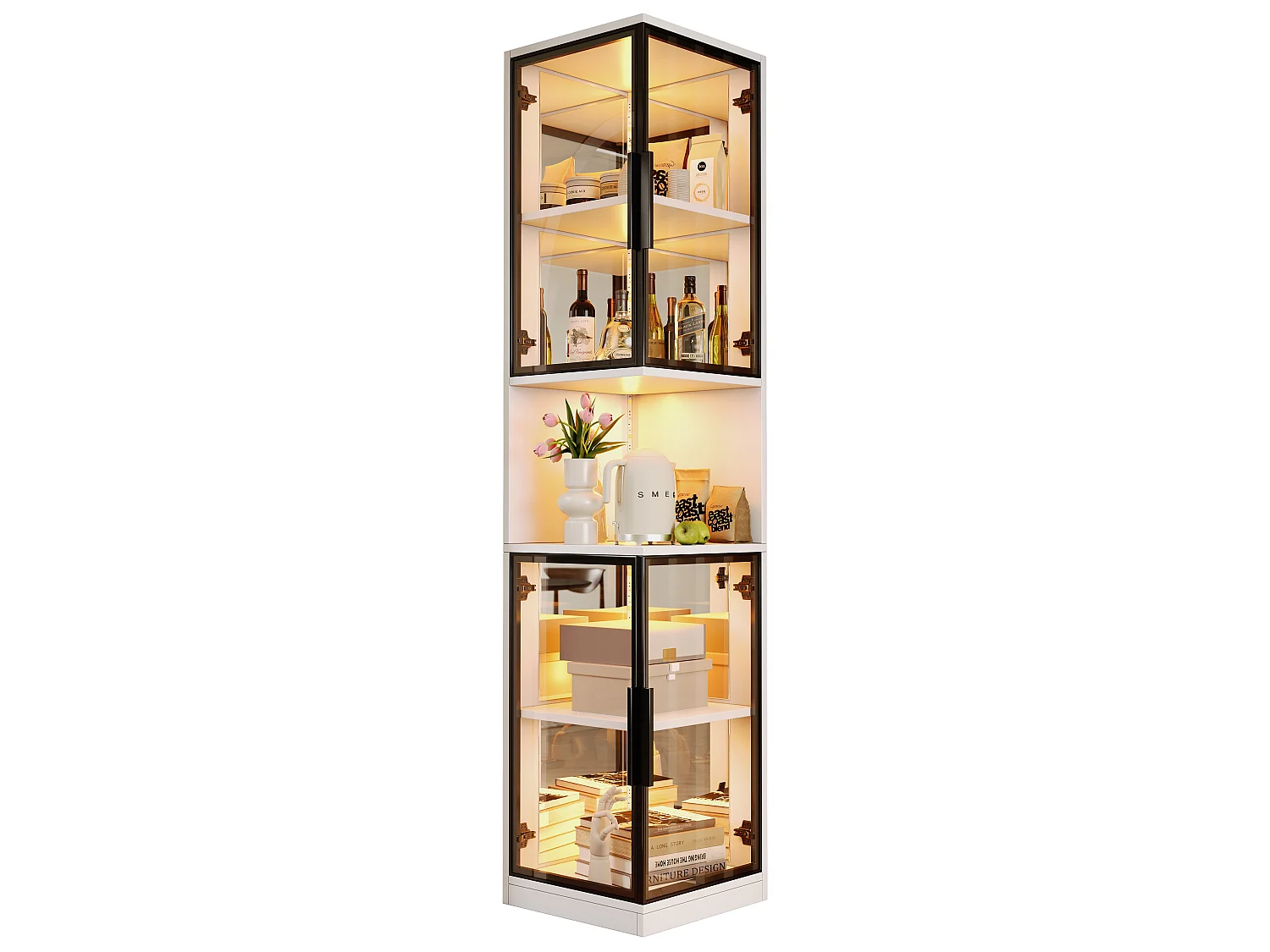 Vitrine 205 cm de hauteur - Éclairage LED - 4 portes vitrées - Fond miroir - Rangement ouvert - Panneaux de particules - Blanc