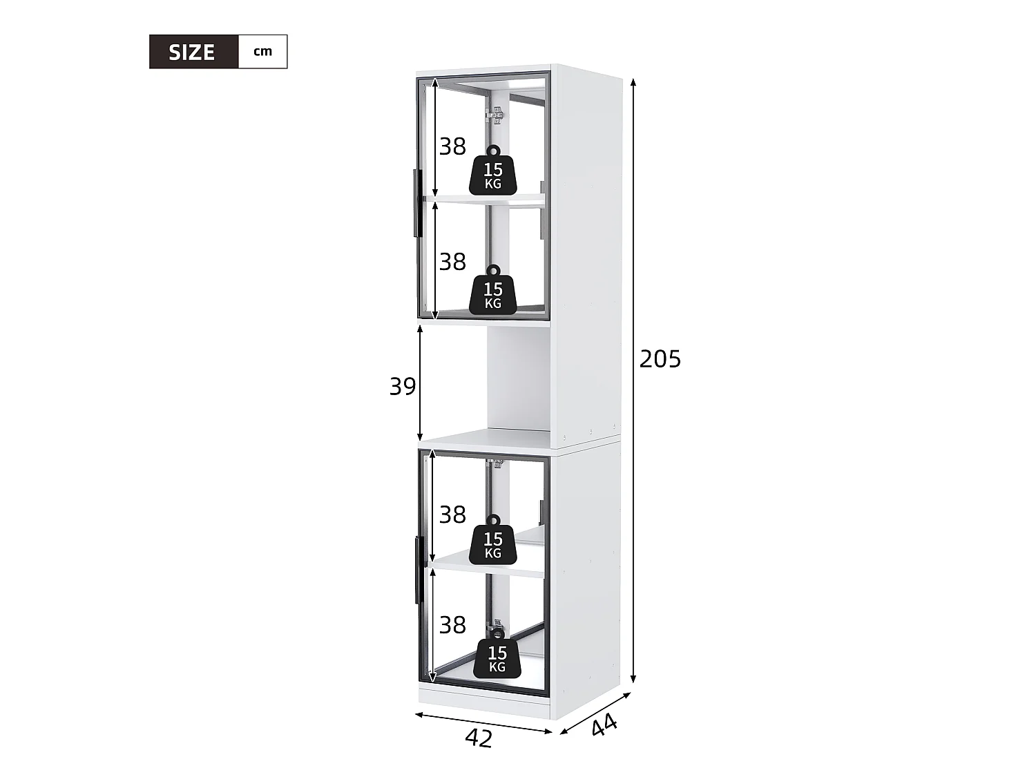Vitrine 205 cm de hauteur - Éclairage LED - 4 portes vitrées - Fond miroir - Rangement ouvert - Panneaux de particules - Blanc