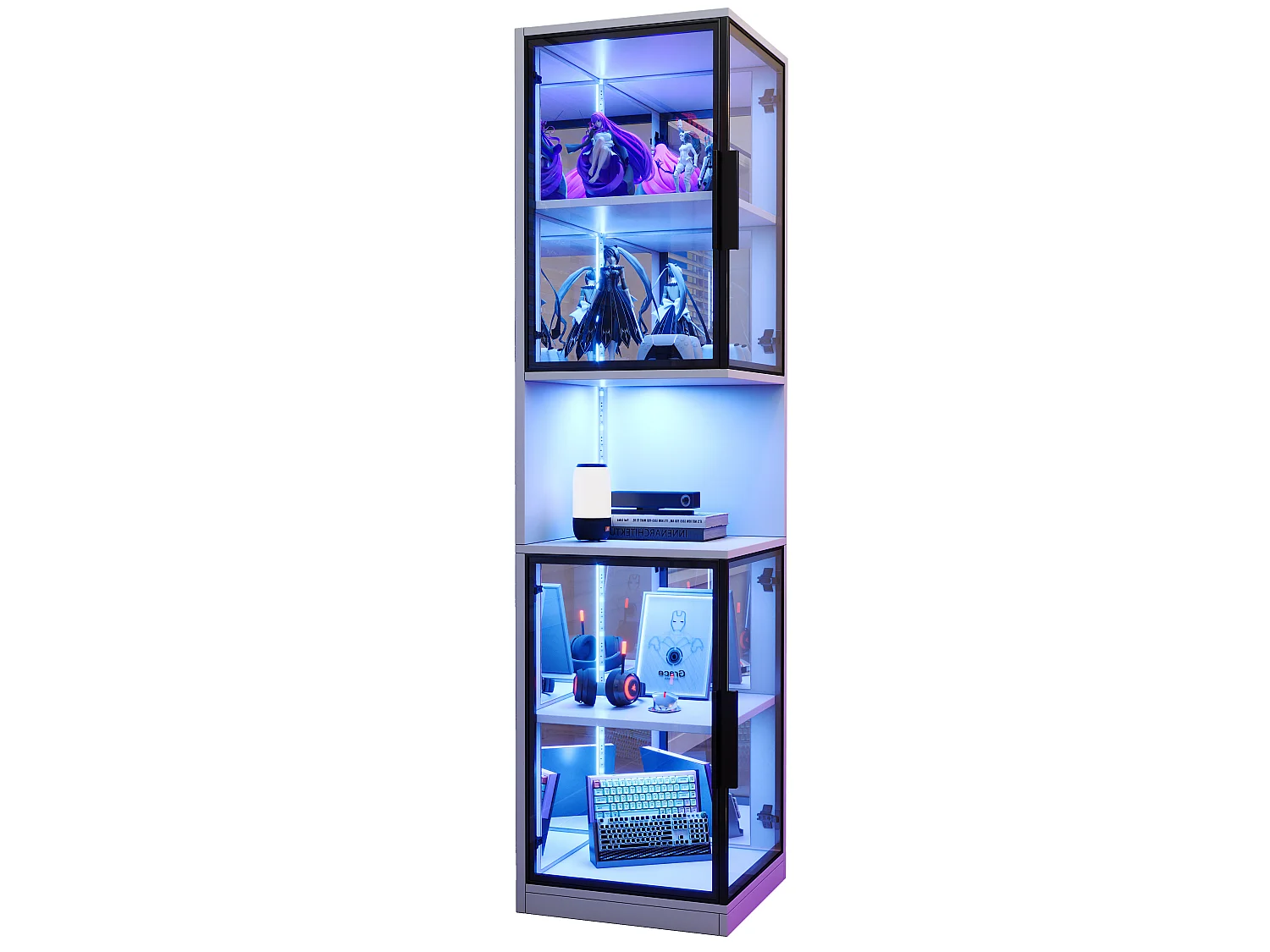 Vitrine 205 cm de hauteur - Éclairage LED - 4 portes vitrées - Fond miroir - Rangement ouvert - Panneaux de particules - Blanc