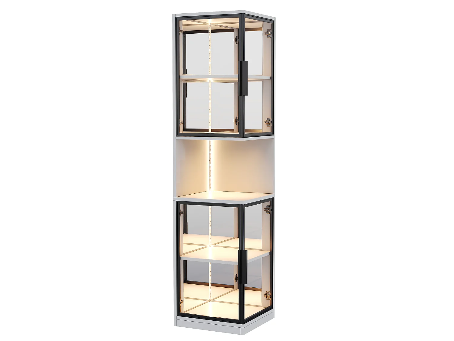 Vitrine 205 cm de hauteur - Éclairage LED - 4 portes vitrées - Fond miroir - Rangement ouvert - Panneaux de particules - Blanc