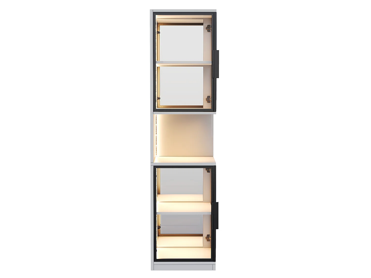 Vitrine 205 cm de hauteur - Éclairage LED - 4 portes vitrées - Fond miroir - Rangement ouvert - Panneaux de particules - Blanc