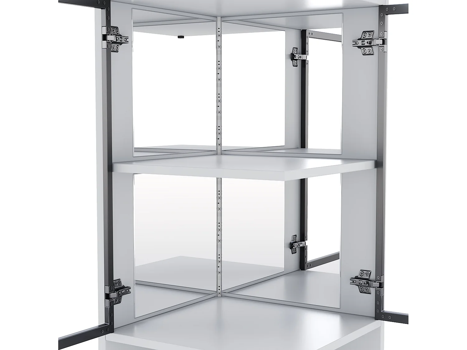 Vitrine 205 cm de hauteur - Éclairage LED - 4 portes vitrées - Fond miroir - Rangement ouvert - Panneaux de particules - Blanc