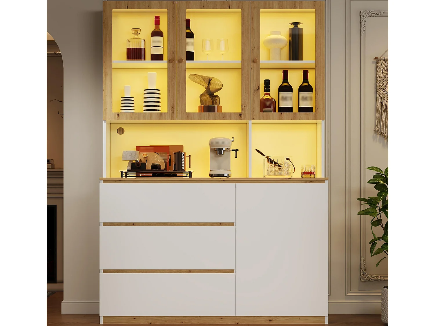 Vitrine/Hochschrank mit LED-Beleuchtung - 200 cm Höhe - 4 Türen und 3 Schubladen - Weiß und Natur