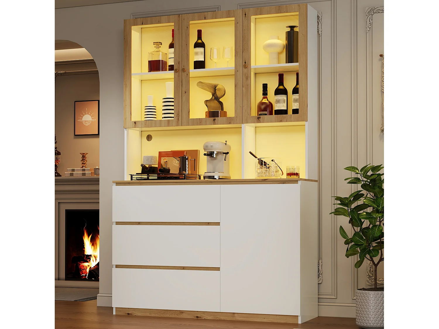 Vitrine/Hochschrank mit LED-Beleuchtung - 200 cm Höhe - 4 Türen und 3 Schubladen - Weiß und Natur