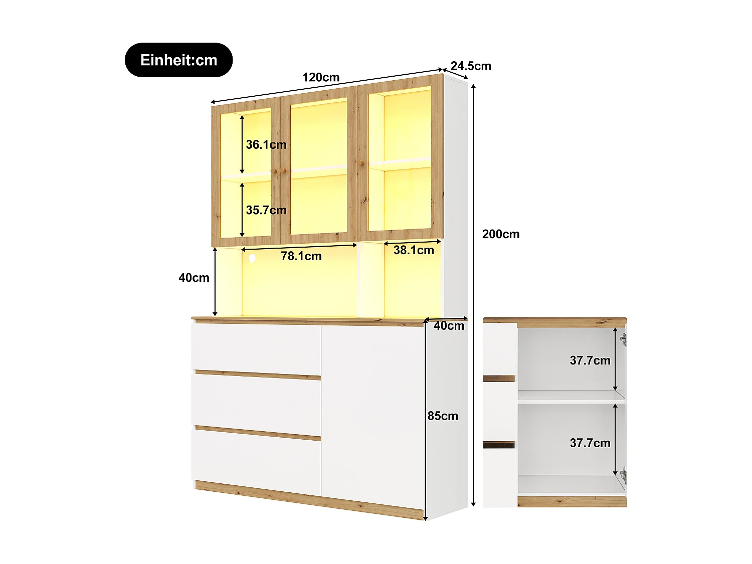 Vitrine/Hochschrank mit LED-Beleuchtung - 200 cm Höhe - 4 Türen und 3 Schubladen - Weiß und Natur