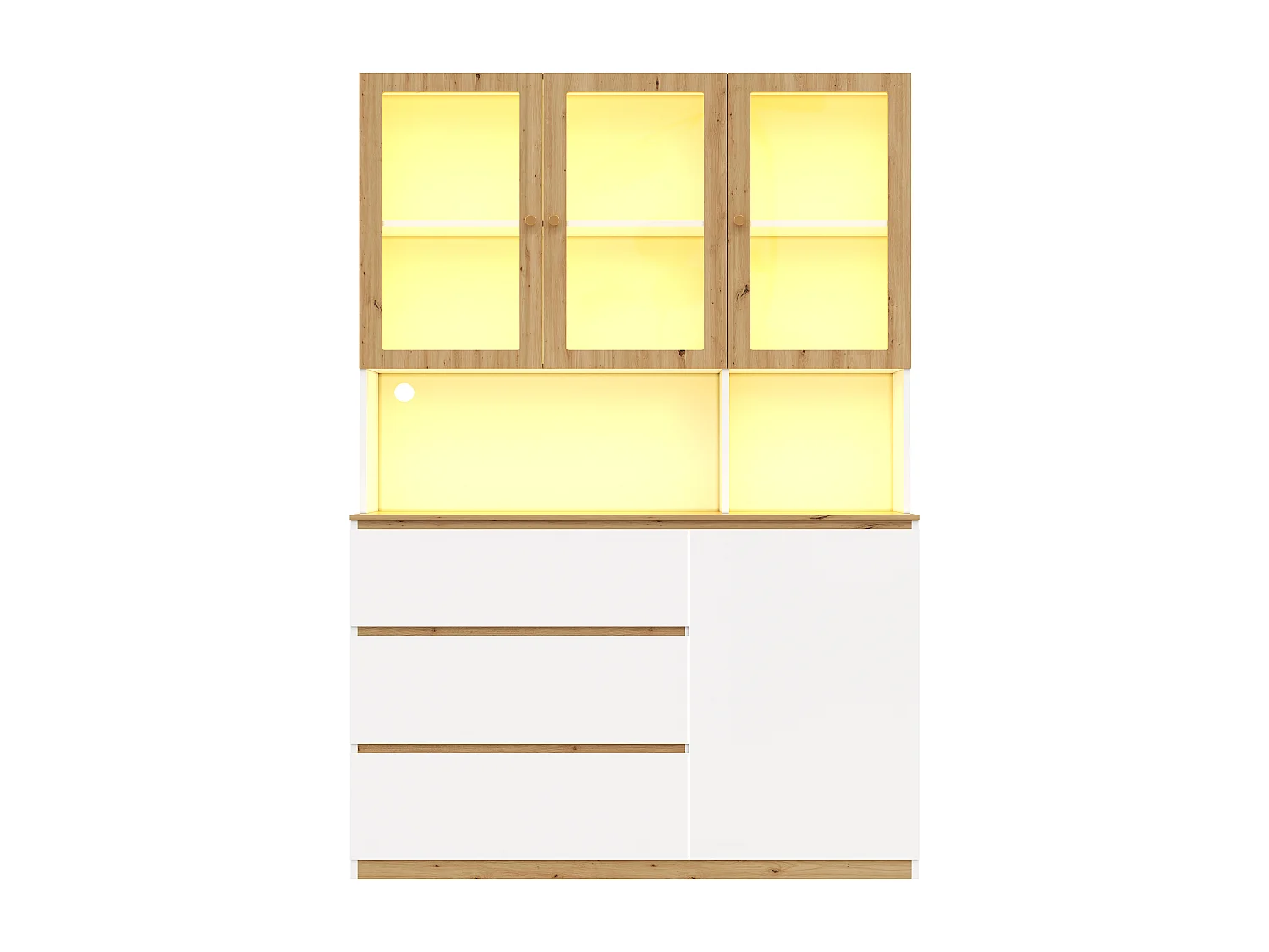 Vitrine/Hochschrank mit LED-Beleuchtung - 200 cm Höhe - 4 Türen und 3 Schubladen - Weiß und Natur