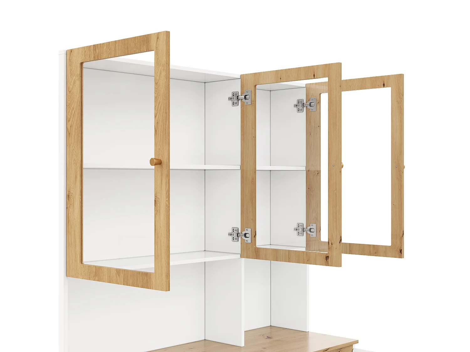 Vitrine/Hochschrank mit LED-Beleuchtung - 200 cm Höhe - 4 Türen und 3 Schubladen - Weiß und Natur