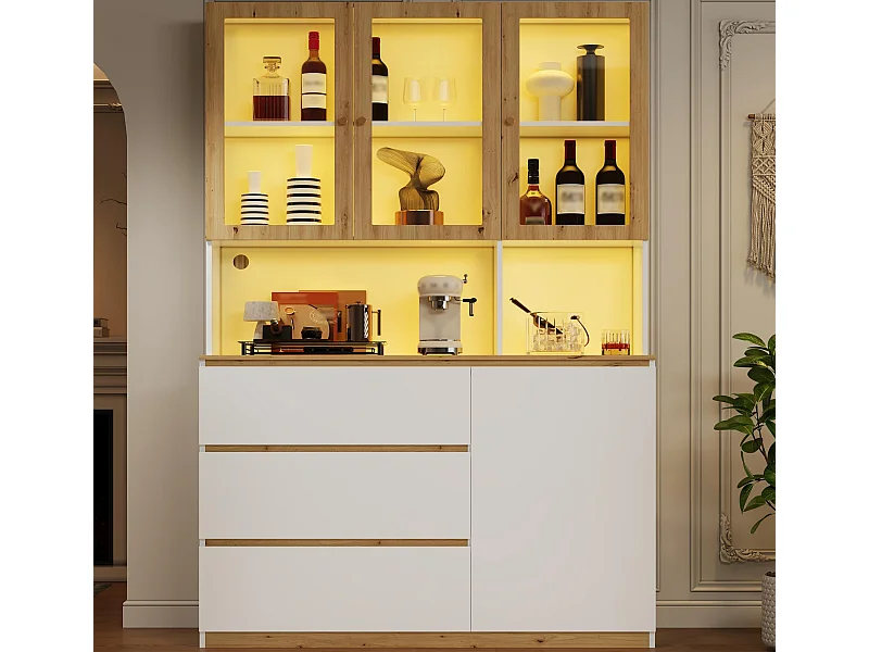 Vitrine/Hochschrank mit LED-Beleuchtung - 200 cm Höhe - 4 Türen und 3 Schubladen - Weiß und Natur