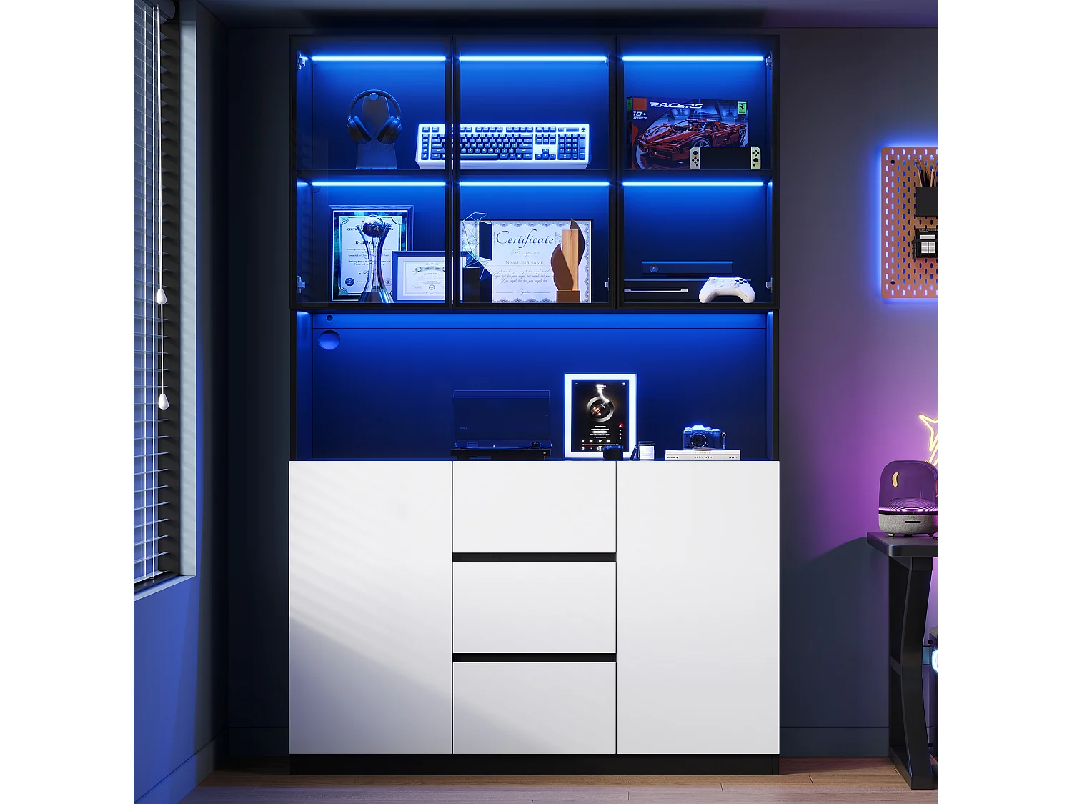 Vitrine mit LED-Beleuchtung - 120×40×200 cm - 3 Schubladen und 5 Türen - Offene Regale - MDF + Glas - Weiß+Schwarz