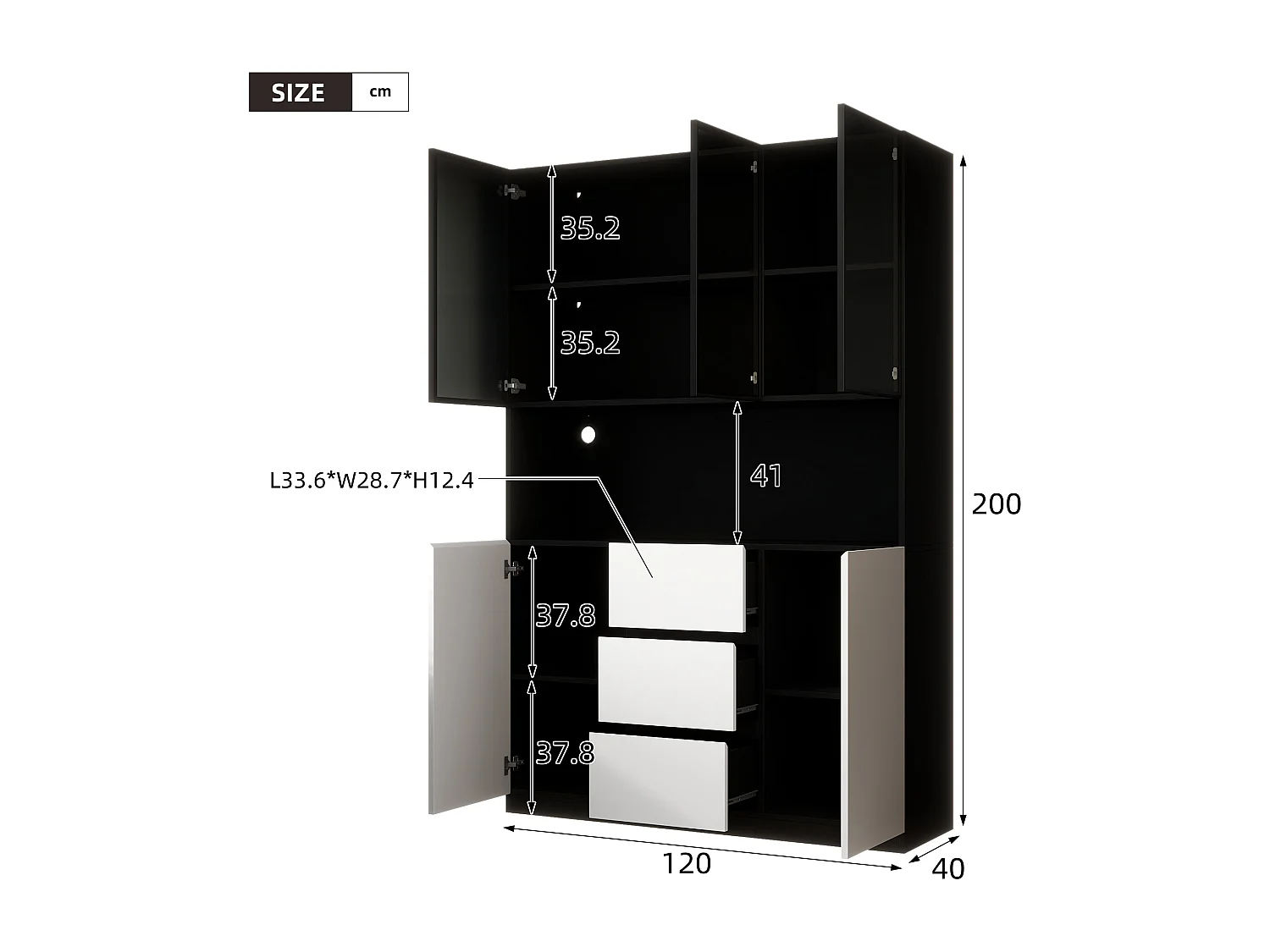 Vitrine mit LED-Beleuchtung - 120×40×200 cm - 3 Schubladen und 5 Türen - Offene Regale - MDF + Glas - Weiß+Schwarz