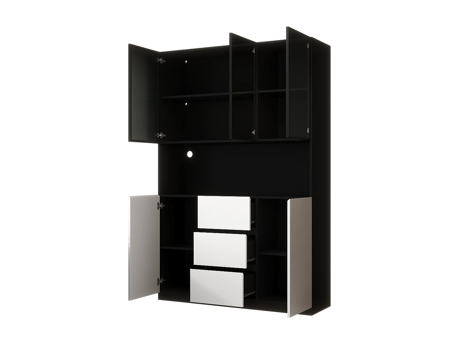 Vitrine mit LED-Beleuchtung - 120×40×200 cm - 3 Schubladen und 5 Türen - Offene Regale - MDF + Glas - Weiß+Schwarz