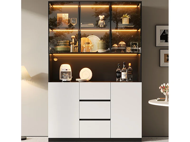 Vitrine mit LED-Beleuchtung - 120×40×200 cm - 3 Schubladen und 5 Türen - Offene Regale - MDF + Glas - Weiß+Schwarz