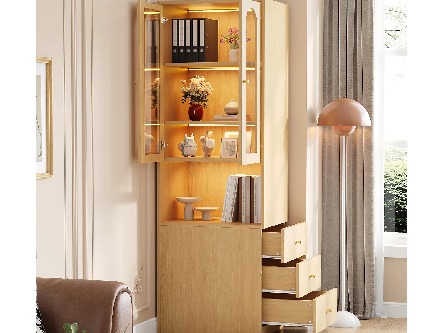 Bücherregal/Vitrine - 60×40×200 cm - 3 Seitenschubladen und 2 Glastüren - LED - Links/rechts umkehrbare Seiten - Natur