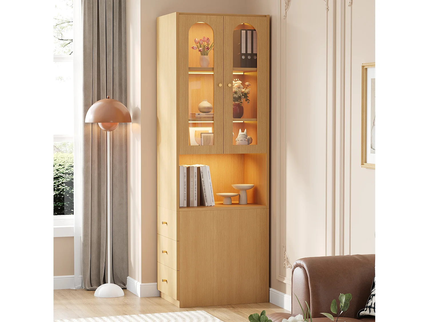 Bücherregal/Vitrine - 60×40×200 cm - 3 Seitenschubladen und 2 Glastüren - LED - Links/rechts umkehrbare Seiten - Natur