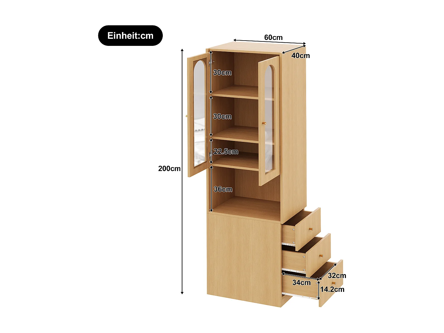 Bücherregal/Vitrine - 60×40×200 cm - 3 Seitenschubladen und 2 Glastüren - LED - Links/rechts umkehrbare Seiten - Natur