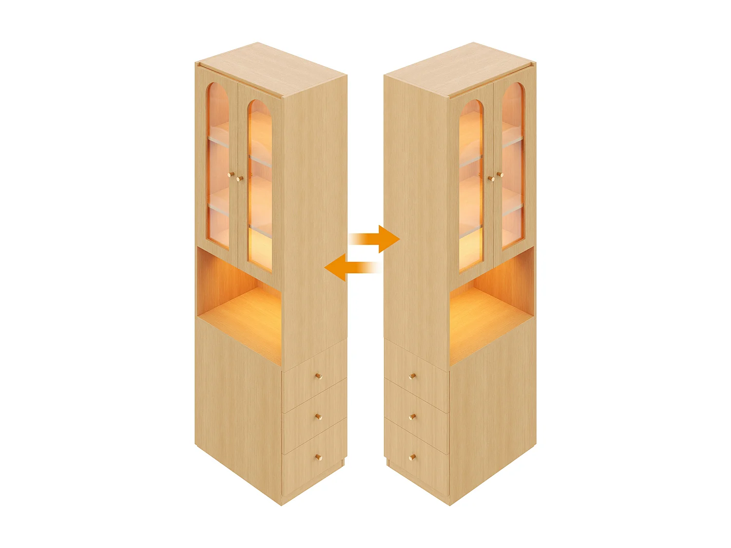 Bücherregal/Vitrine - 60×40×200 cm - 3 Seitenschubladen und 2 Glastüren - LED - Links/rechts umkehrbare Seiten - Natur