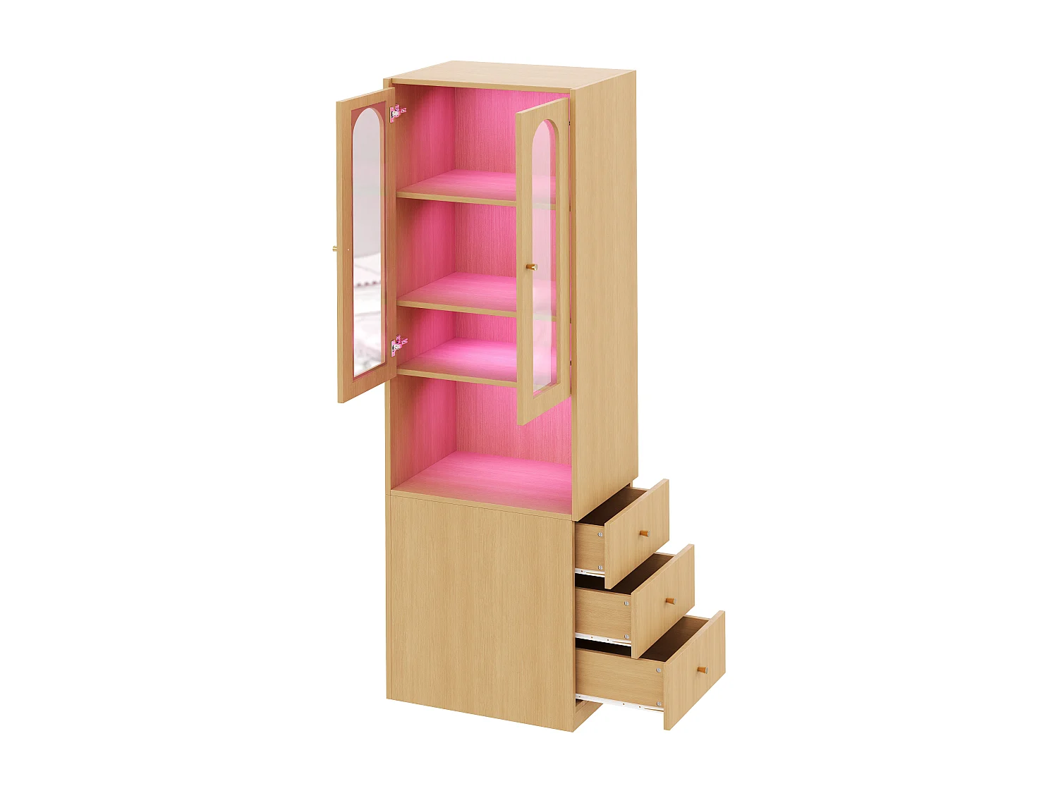 Bücherregal/Vitrine - 60×40×200 cm - 3 Seitenschubladen und 2 Glastüren - LED - Links/rechts umkehrbare Seiten - Natur