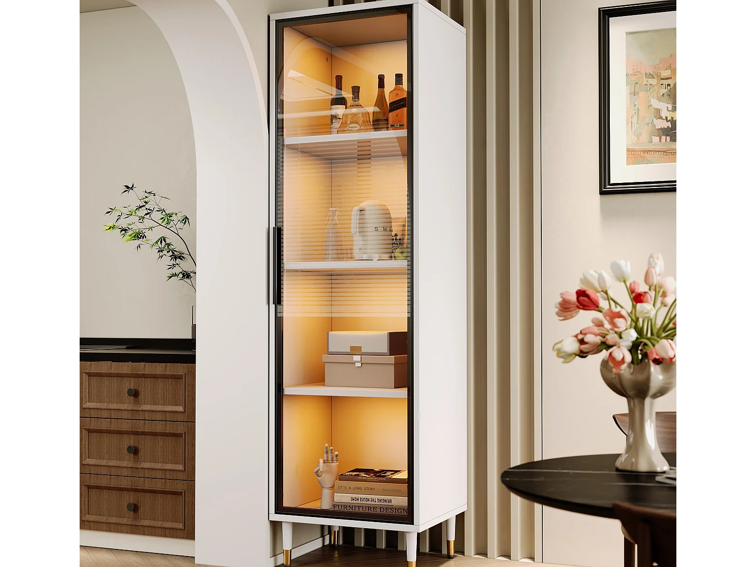 Glasvitrine 170 cm hoch - LED-Beleuchtung - 1 Glastür - MDF + Spanplatten - Weiß