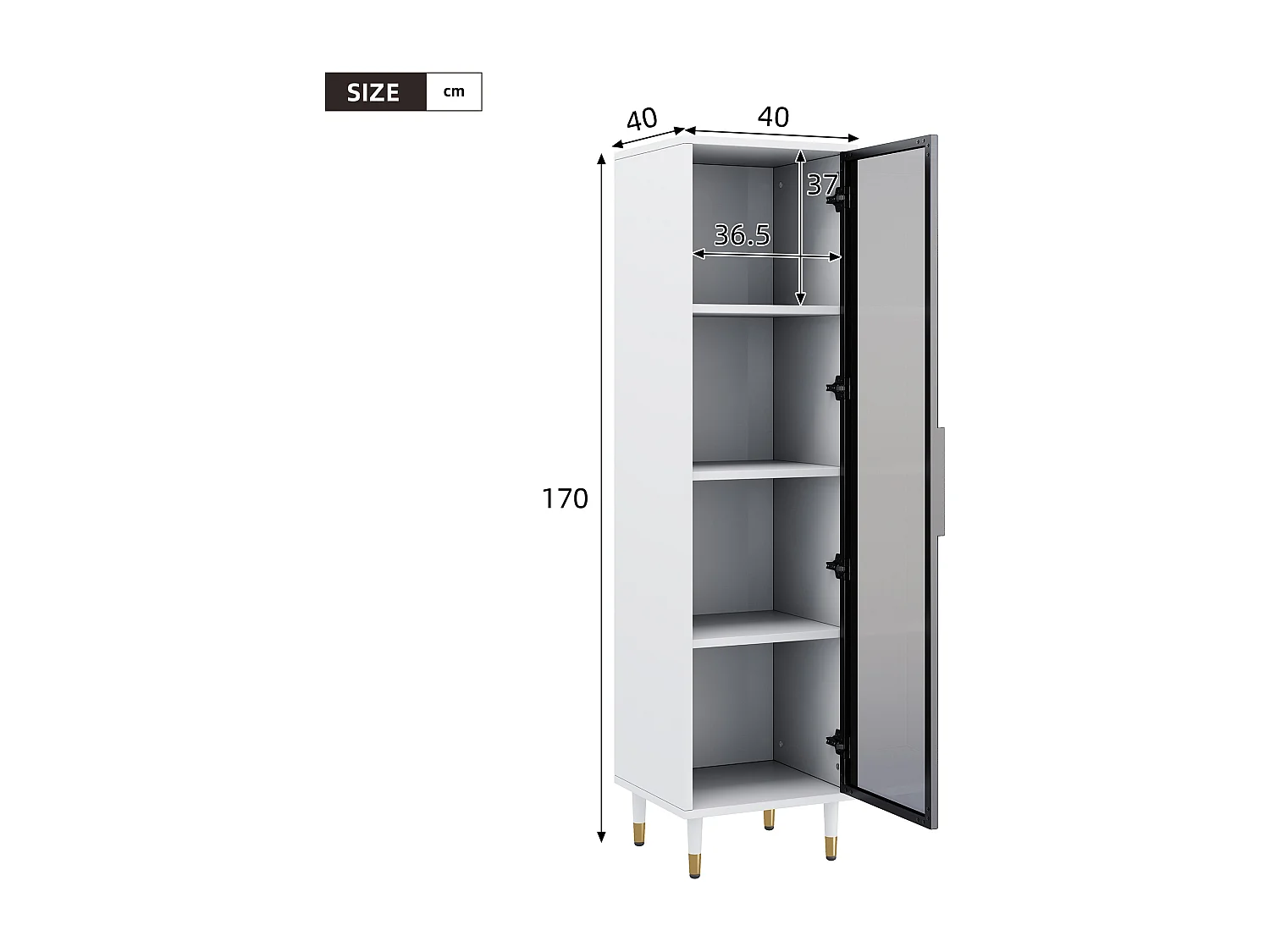 Glasvitrine 170 cm hoch - LED-Beleuchtung - 1 Glastür - MDF + Spanplatten - Weiß