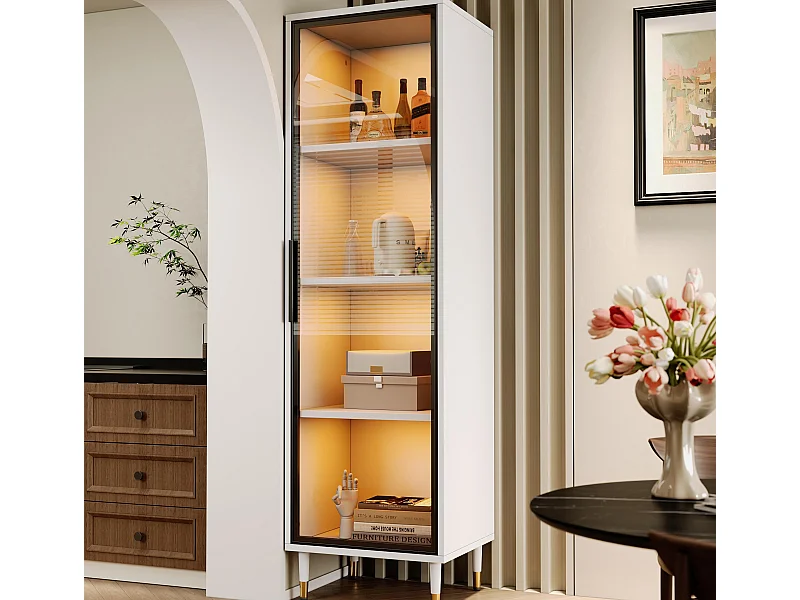 Glasvitrine 170 cm hoch - LED-Beleuchtung - 1 Glastür - MDF + Spanplatten - Weiß