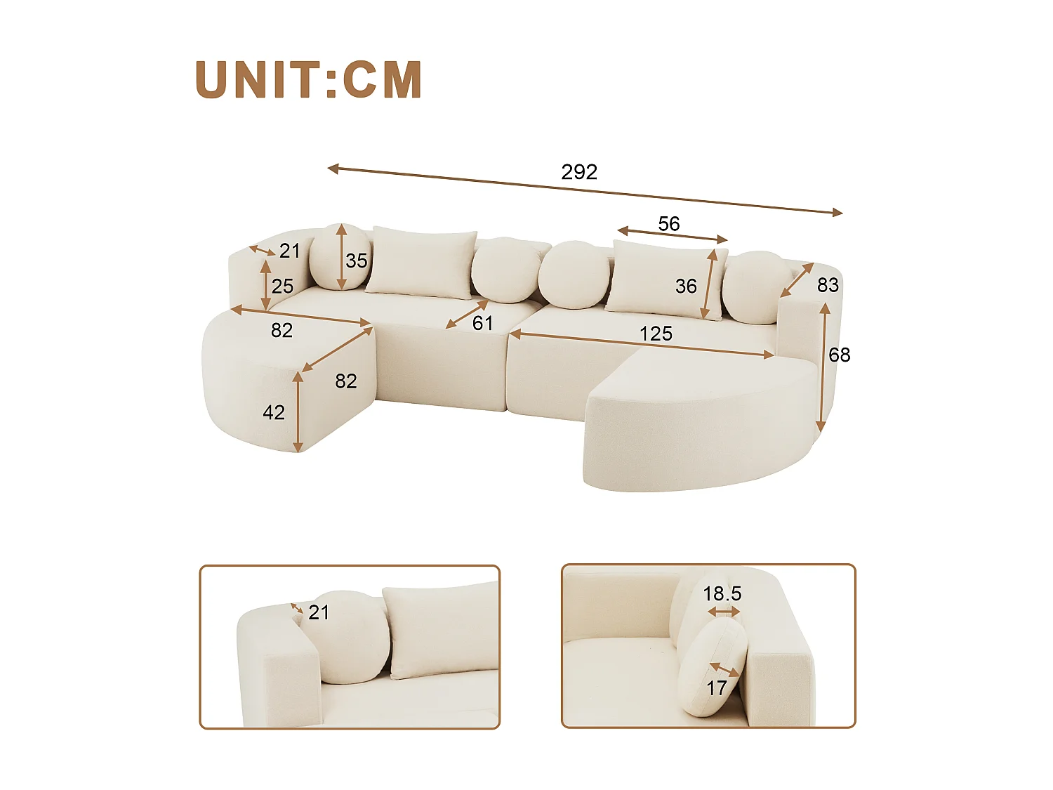 Canapé modulable nuage avec fonction couchage  - 292 x 165 x 68 cm - aucun assemblage requis - chenille - beige