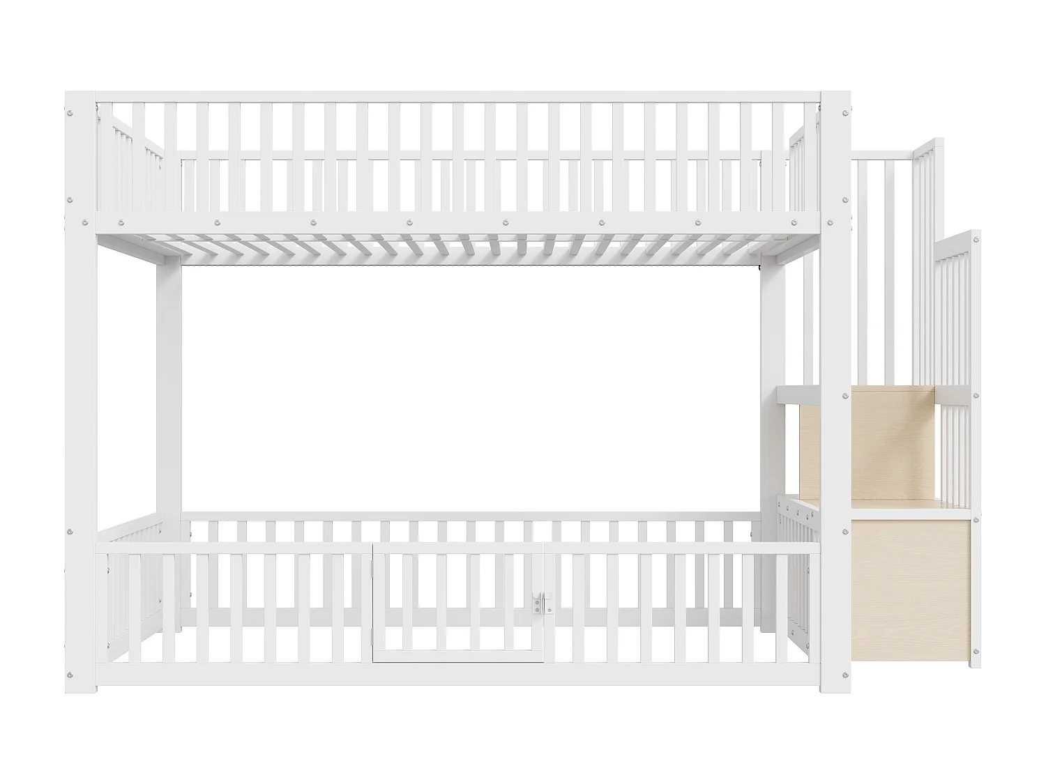 Łóżko piętrowe metalowe 140x200 cm - z drabiną z pojemnikami - barierka bezpieczeństwa - MDF - Biały​ (Materac nie jest wliczony w cenę)