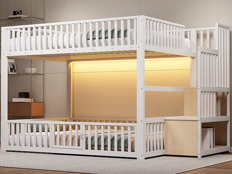 Łóżko piętrowe metalowe 140x200 cm - z drabiną z pojemnikami - barierka bezpieczeństwa - MDF - Biały​ (Materac nie jest wliczony w cenę)