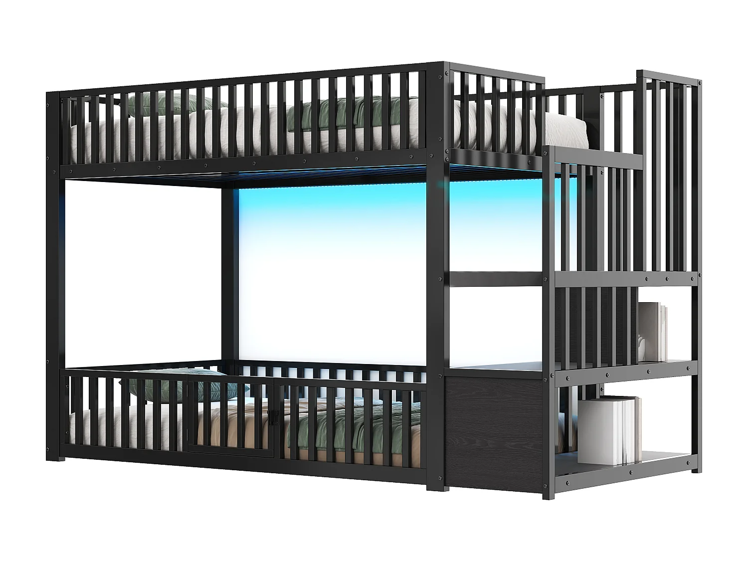 Łóżko piętrowe metalowe 90x200 cm - z drabiną z pojemnikami - barierka bezpieczeństwa - MDF - Czarny​ (Materac nie jest wliczony w cenę)