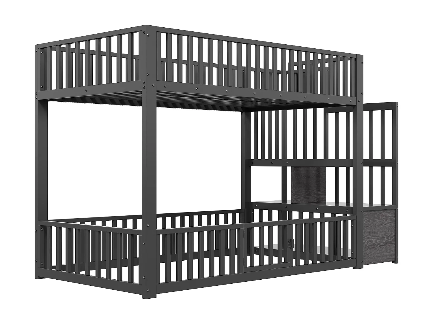 Łóżko piętrowe metalowe 90x200 cm - z drabiną z pojemnikami - barierka bezpieczeństwa - MDF - Czarny​ (Materac nie jest wliczony w cenę)