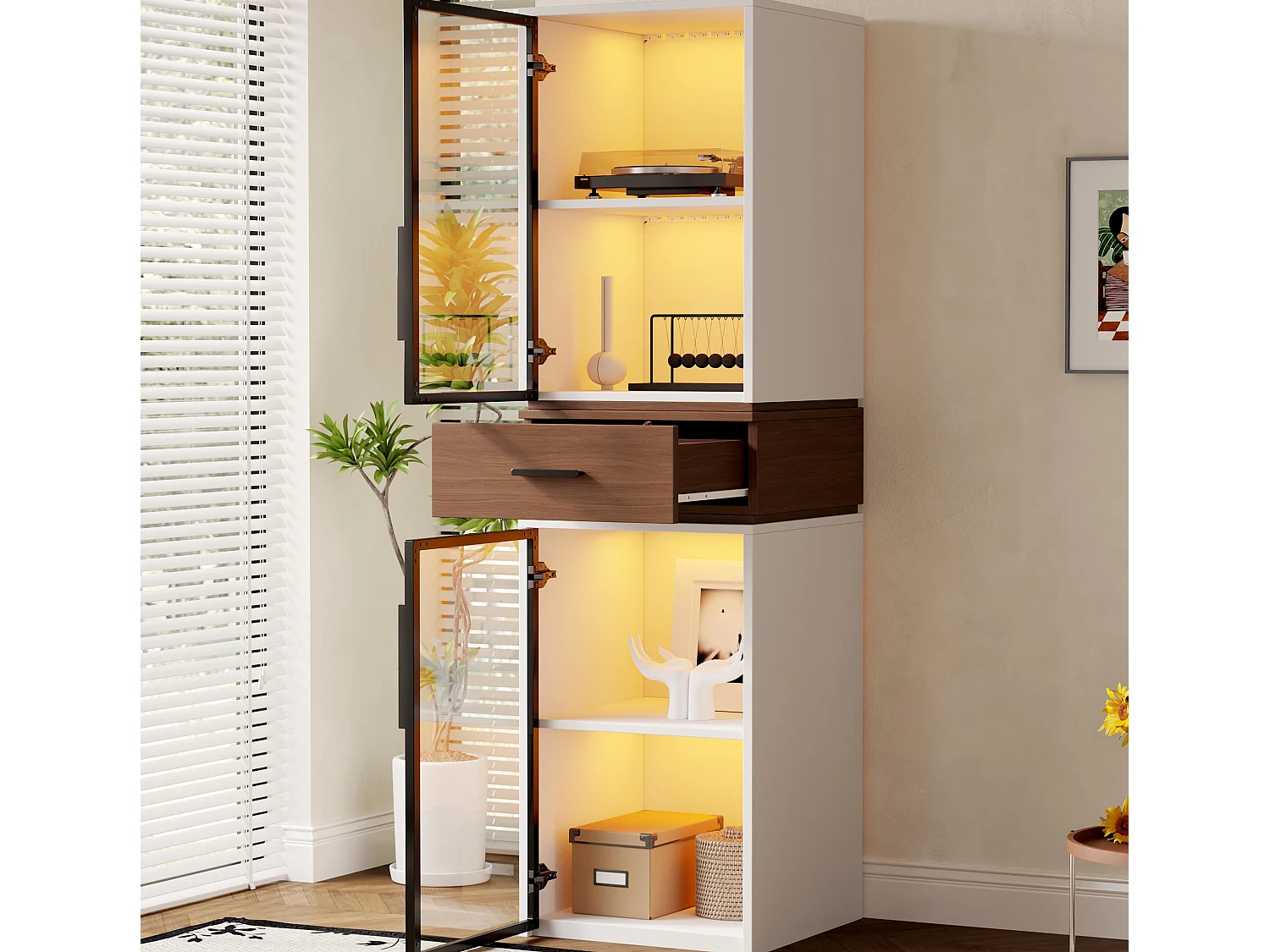 Glasvitrine 40x40x200 cm - mit LED-Beleuchtung - 2 Glastüren und 1 Schublade - MDF+Glas - Weiß