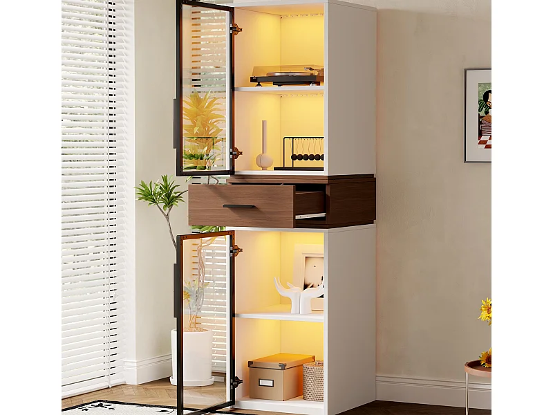 Glasvitrine 40x40x200 cm - mit LED-Beleuchtung - 2 Glastüren und 1 Schublade - MDF+Glas - Weiß