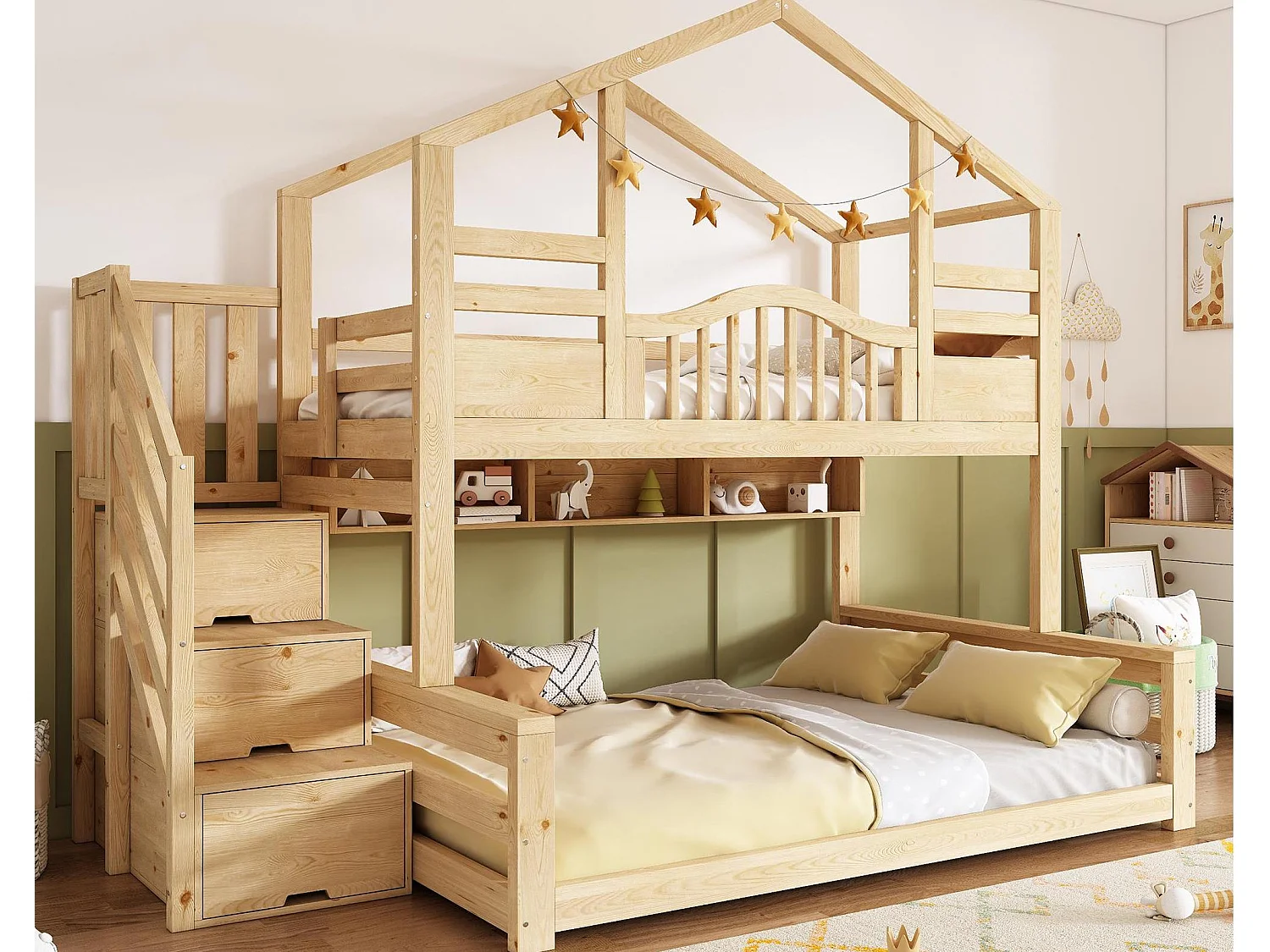 Stapelbed 90x200cm + 140x200cm - huisontwerp - met opbergtrap en planken - Massief hout + MDF - Natuur​ (zonder matras)