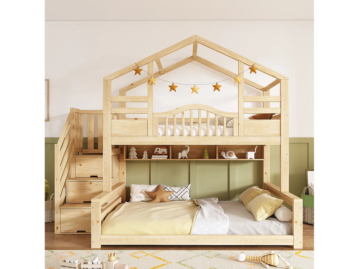 Stapelbed 90x200cm + 140x200cm - huisontwerp - met opbergtrap en planken - Massief hout + MDF - Natuur​ (zonder matras)