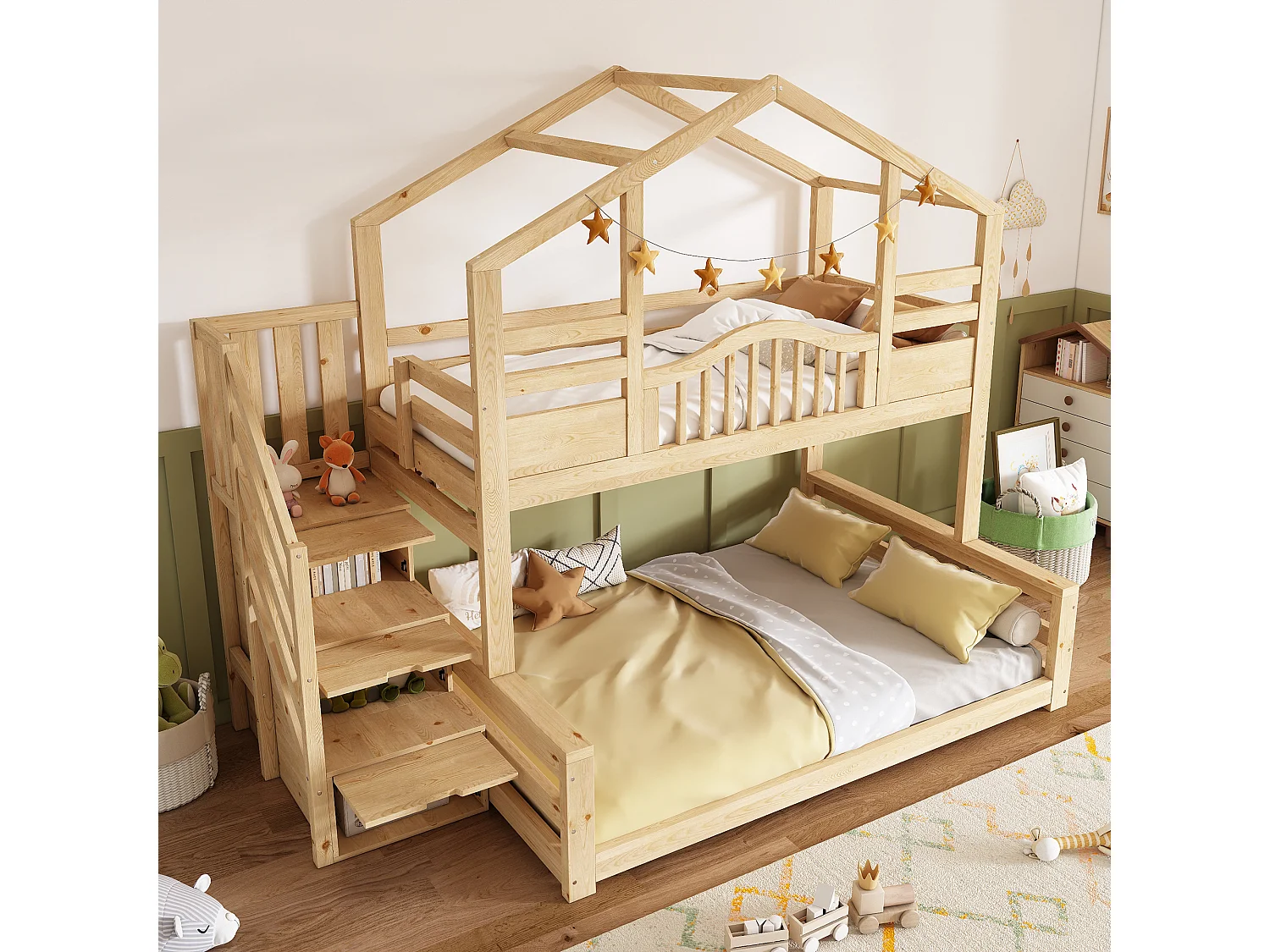 Stapelbed 90x200cm + 140x200cm - huisontwerp - met opbergtrap en planken - Massief hout + MDF - Natuur​ (zonder matras)