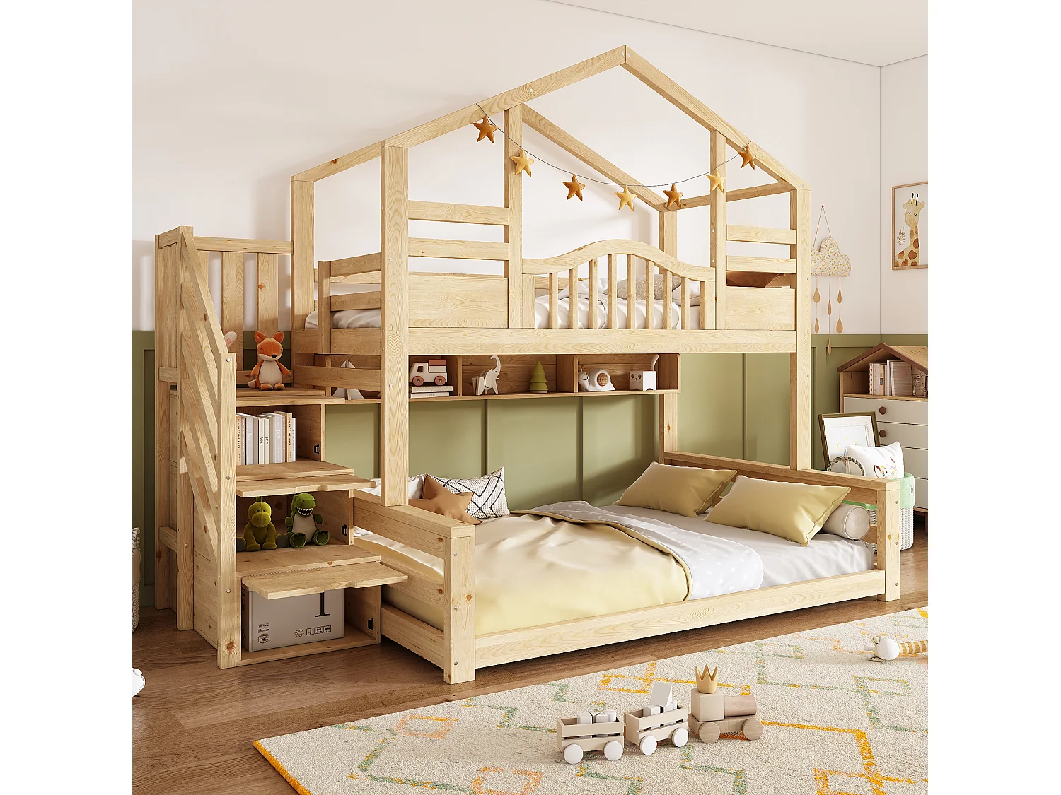 Stapelbed 90x200cm + 140x200cm - huisontwerp - met opbergtrap en planken - Massief hout + MDF - Natuur​ (zonder matras)