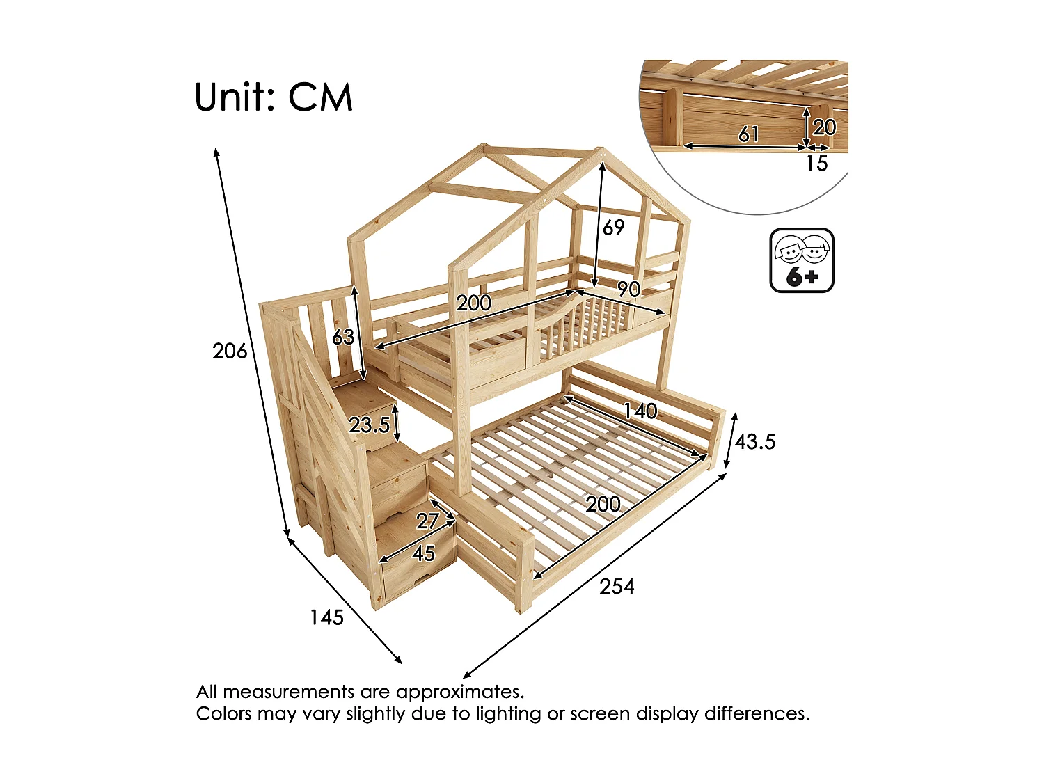 Stapelbed 90x200cm + 140x200cm - huisontwerp - met opbergtrap en planken - Massief hout + MDF - Natuur​ (zonder matras)