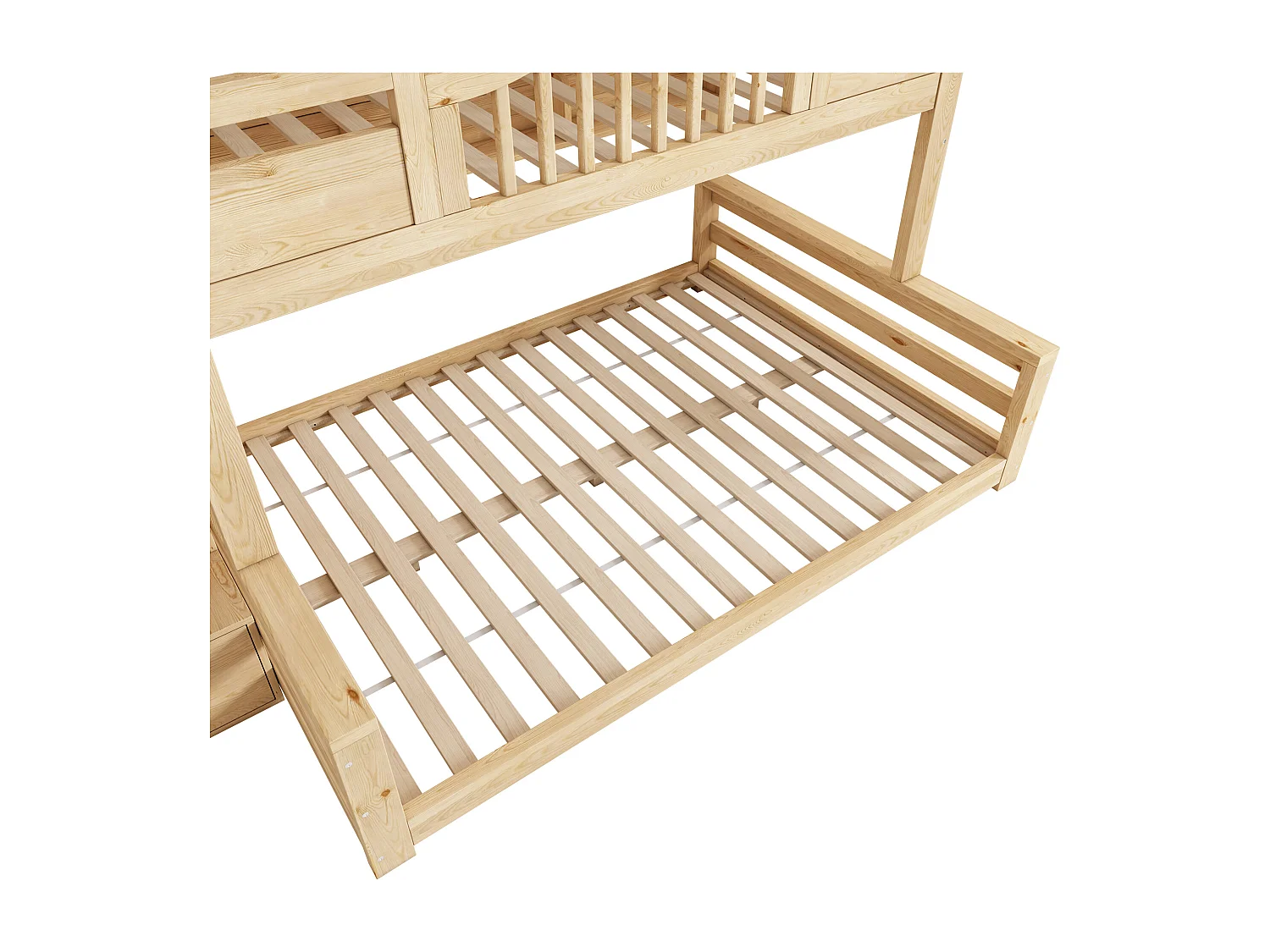 Stapelbed 90x200cm + 140x200cm - huisontwerp - met opbergtrap en planken - Massief hout + MDF - Natuur​ (zonder matras)