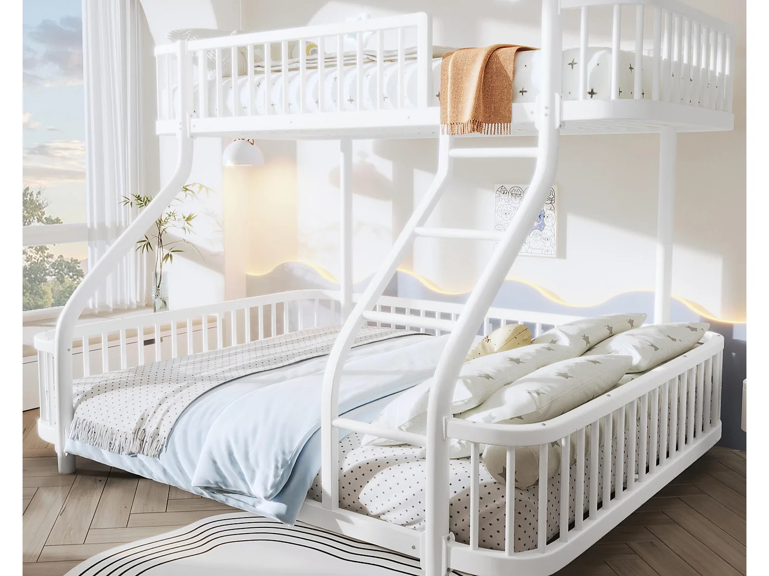 Łóżko piętrowe 90x200 cm + 140x200 cm - konstrukcja żelazna - z barierkami bezpieczeństwa - z drabiną - biały​ (materac nie jest wliczony w cenę)