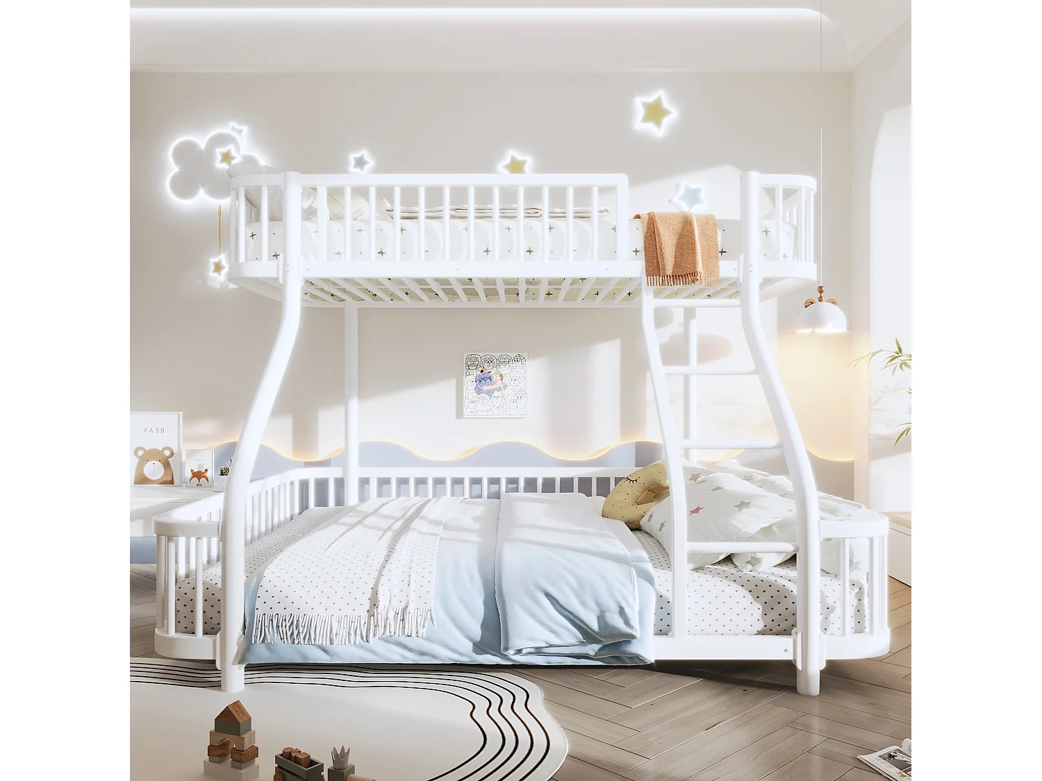 Łóżko piętrowe 90x200 cm + 140x200 cm - konstrukcja żelazna - z barierkami bezpieczeństwa - z drabiną - biały​ (materac nie jest wliczony w cenę)