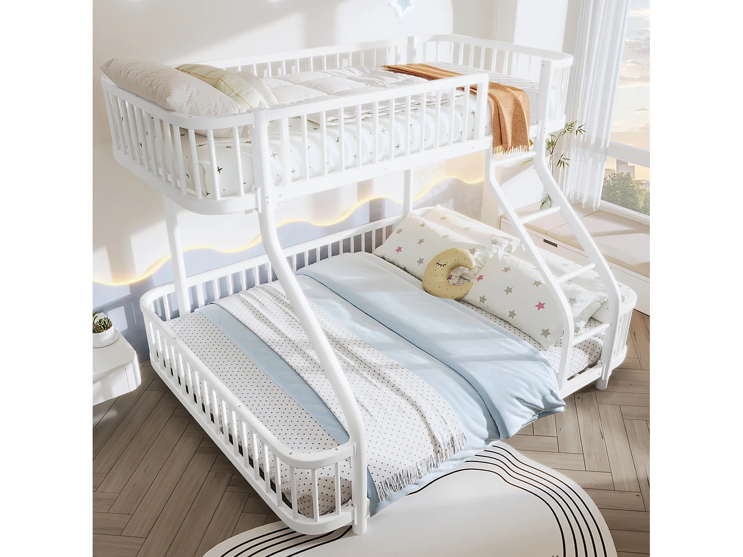 Łóżko piętrowe 90x200 cm + 140x200 cm - konstrukcja żelazna - z barierkami bezpieczeństwa - z drabiną - biały​ (materac nie jest wliczony w cenę)