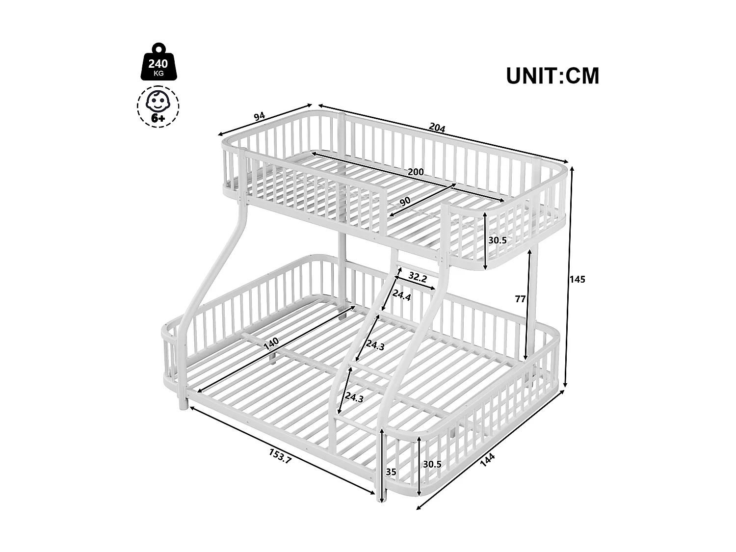 Łóżko piętrowe 90x200 cm + 140x200 cm - konstrukcja żelazna - z barierkami bezpieczeństwa - z drabiną - biały​ (materac nie jest wliczony w cenę)