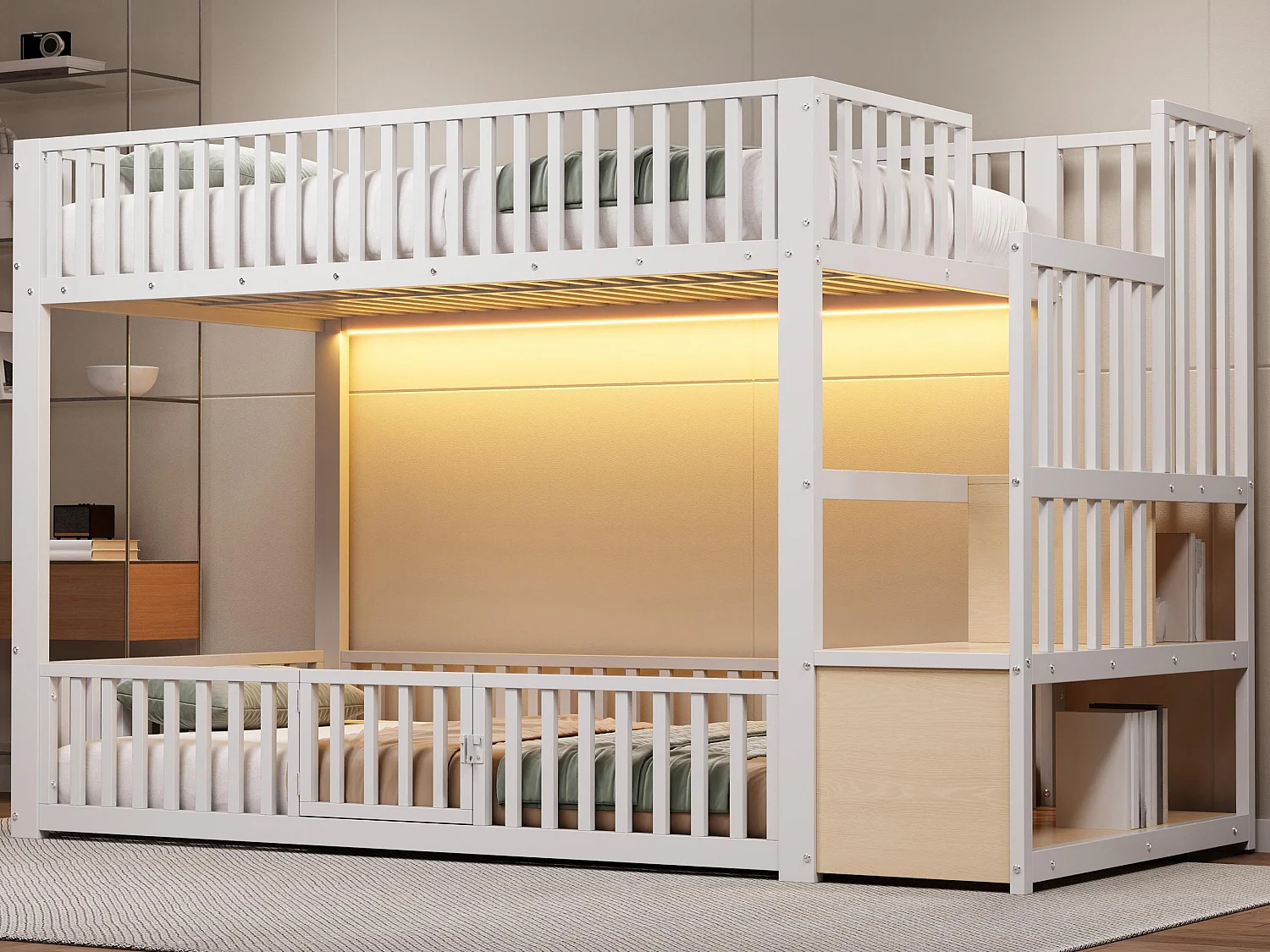 Łóżko piętrowe metalowe 90x200 cm - z drabiną z pojemnikami - barierka bezpieczeństwa - MDF - Biały​ (Materac nie jest wliczony w cenę)